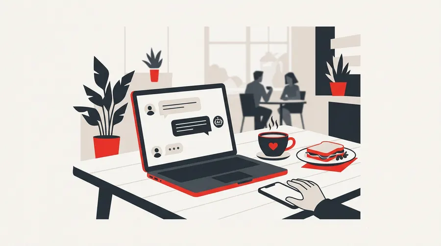 Illustration of a lunch-break Copilot Chat session on a laptop in a cafe