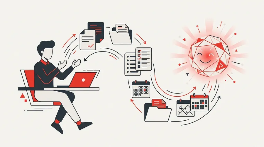 Illustration of a person working side by side with an AI assistant on files and tasks