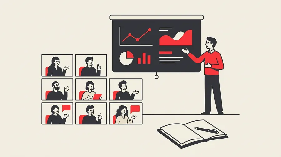 Illustration of an online masterclass with a presenter and a grid of attendees