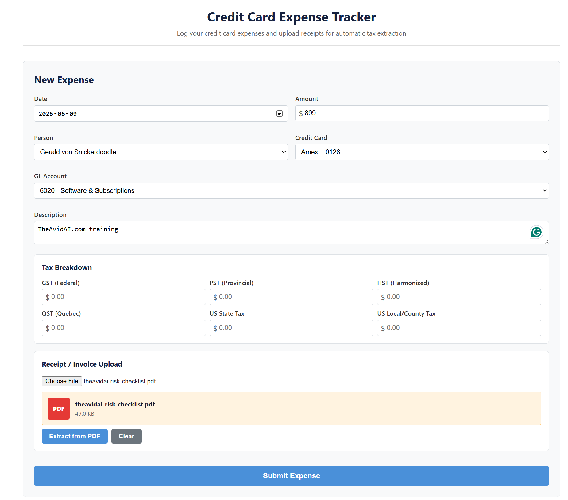 Credit Card Expenses Reconciliation screen