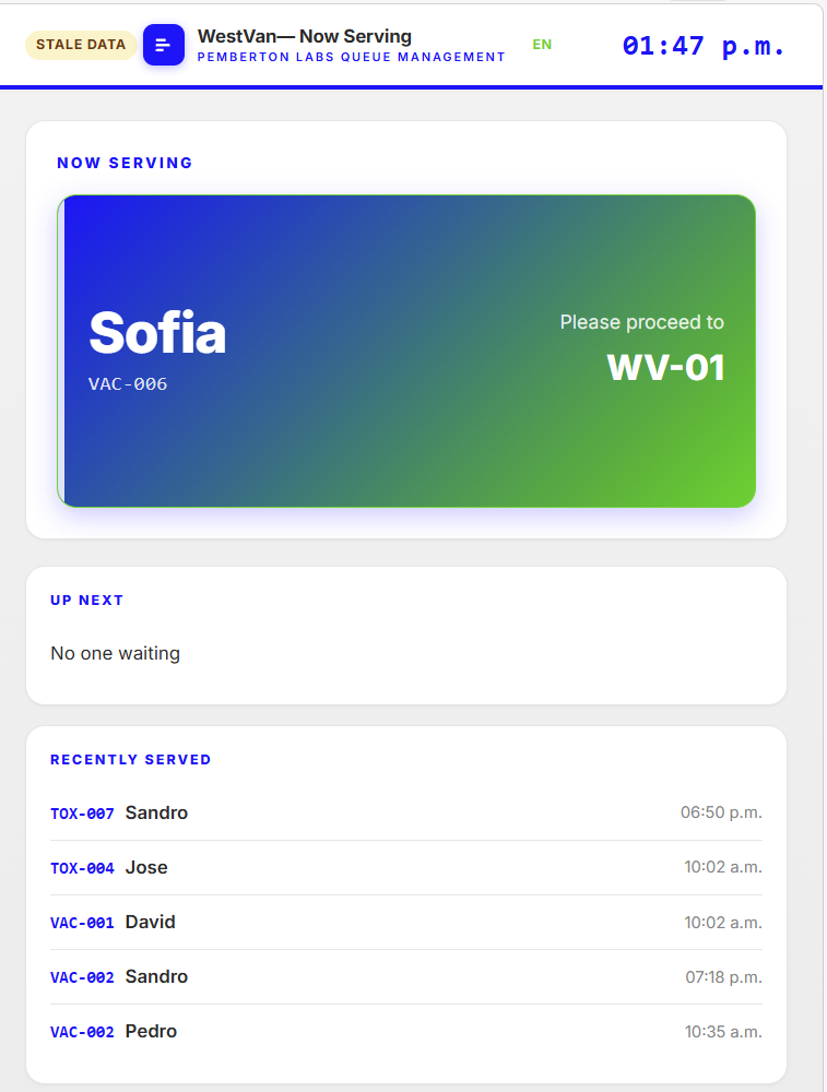 Queue Management System screen